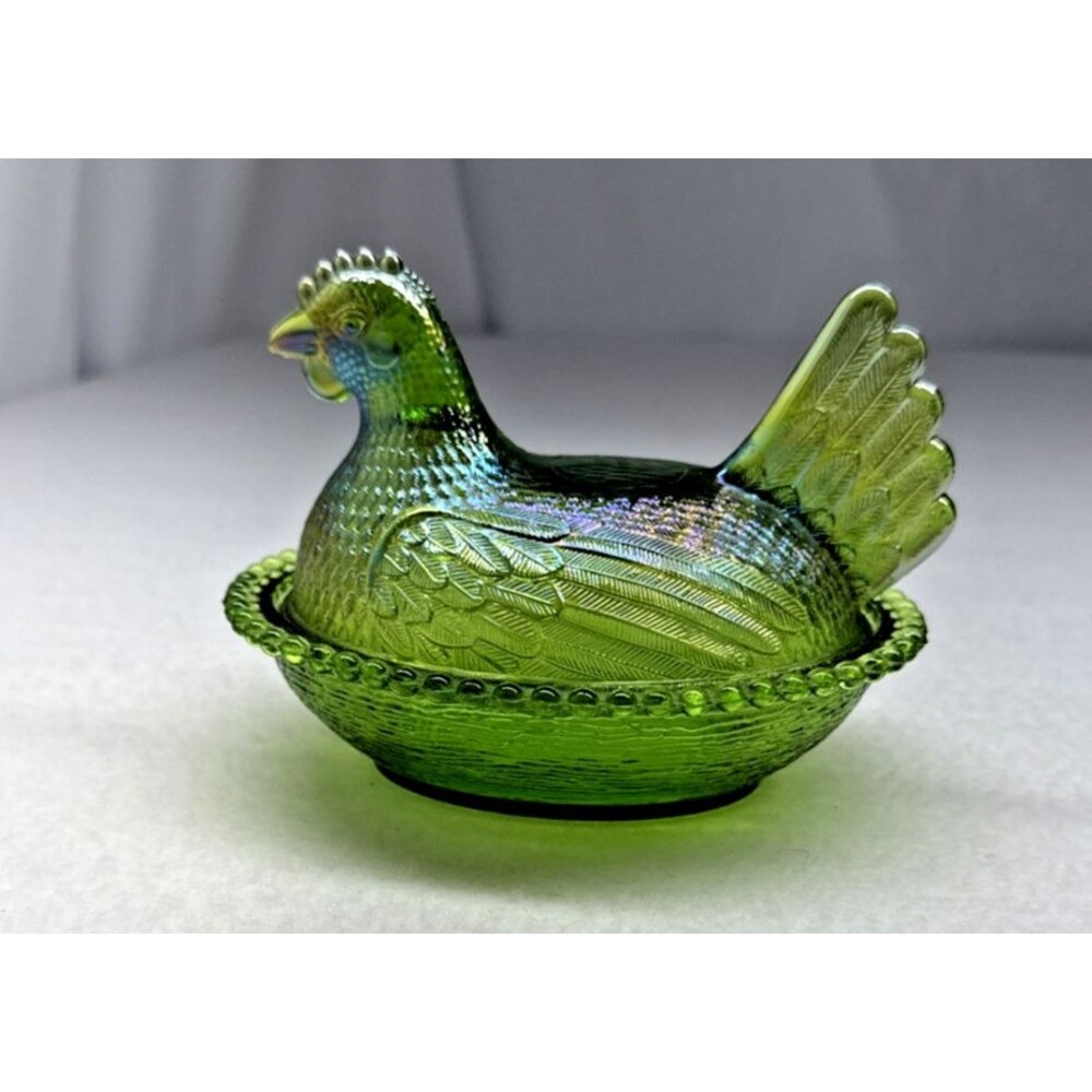 Indiana Glass Lime Green Carnival Hen on Nest Beaded Rim Iridescent Vintage